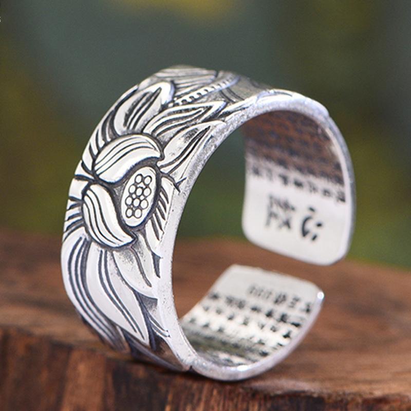 Silber schwarzer Lotus offener Ring