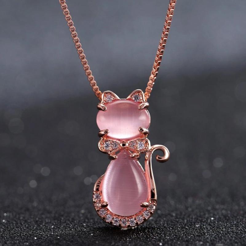 Rosa Katze kristall-Anhänger Halskette