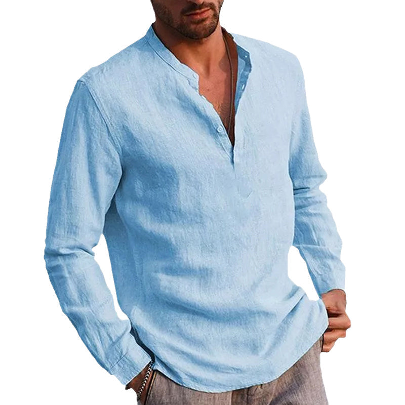 Herren Baumwolle Leinen Henley-Kragen Langarm Shirt