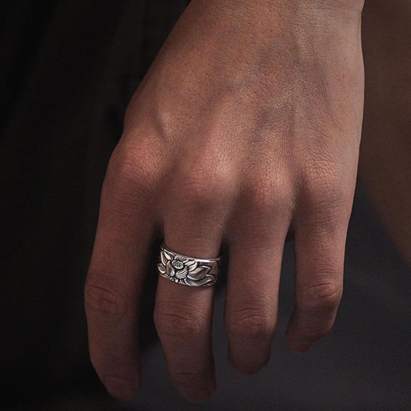 Silber schwarzer Lotus offener Ring