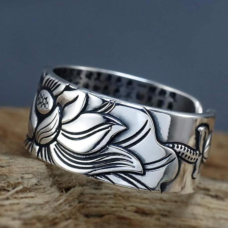 Silber schwarzer Lotus offener Ring