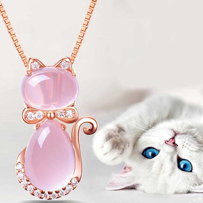 Rosa Katze kristall-Anhänger Halskette