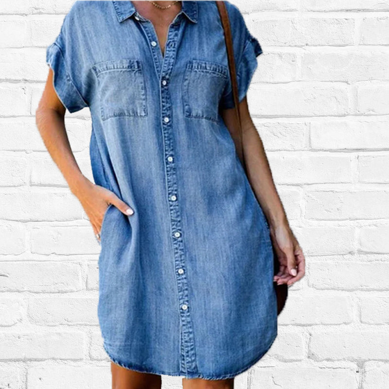 Lässiges Kurzarm Denim Kleid