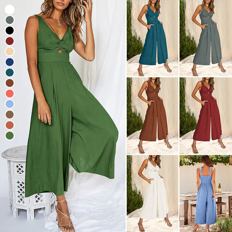 Jumpsuits mit V-Ausschnitt und weitem Beinausschnitt