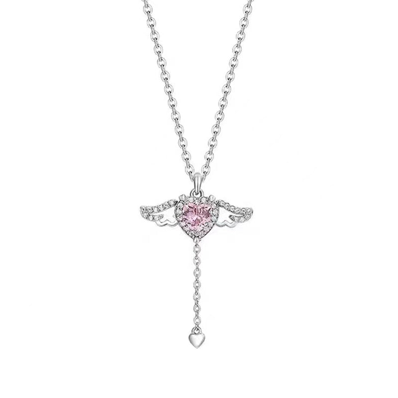 Eingelegte Pink Crystal Amors Herz Flügel Halskette