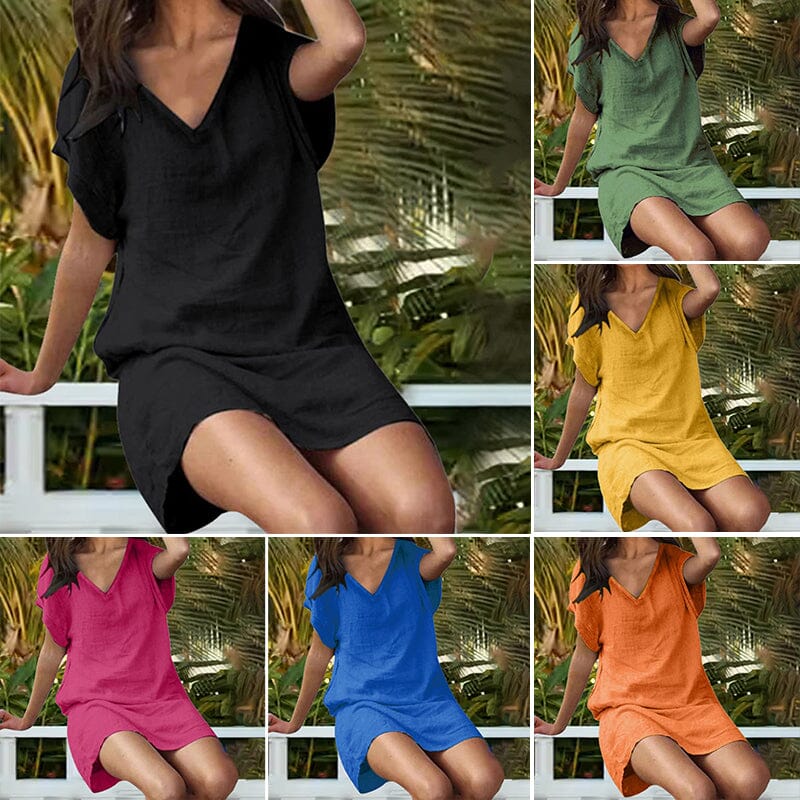 Baumwoll-Leinen Einfarbiges lockeres V-Ausschnitt kurzärmliges Kleid